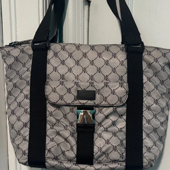 Ralph Lauren Gray Monogram Tote with Black Web Straps - Picture 3 of 13